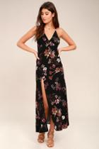 Lulus | Sugar Land Black Floral Print Maxi Dress | Size Large | 100% Rayon