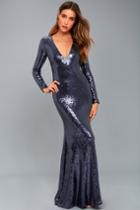 Lulus | Capture The Moon Navy Blue Long Sleeve Sequin Maxi Dress | Size X-small | 100% Polyester