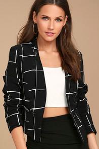 Ovi Born To Lead Black And White Grid Print Cropped Blazer
