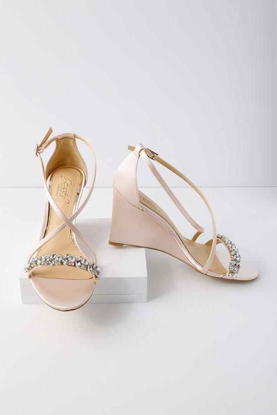 Jewel By Badgley Mischka Little Champagne Satin Wedge Dress Sandal Heels | Lulus