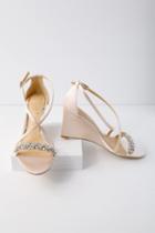 Jewel By Badgley Mischka Little Champagne Satin Wedge Dress Sandal Heels | Lulus