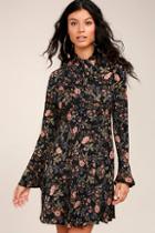 Re:named Picturesque Piece Black Floral Long Sleeve Tie-neck Dress