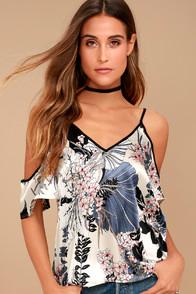 Timing Afternoon Admirer Cream Floral Print Satin Cold Shoulder Top