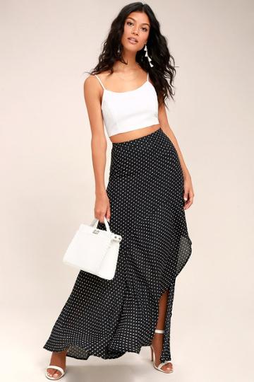 Lulus | Confident Cosmopolitan Black Polka Dot Maxi Skirt | Size Large | 100% Polyester