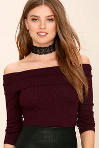 Lulus Unreal Burgundy Off-the-shoulder Crop Top