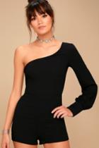 Lulus | Truth Or Dare Black One-shoulder Romper | Size Medium | 100% Polyester
