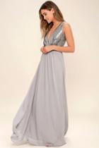 Lulus | Elegant Encounter Pewter Sequin Maxi Dress | Size Large | Silver | 100% Polyester