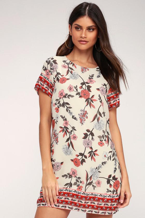 A-flora-ble Cream Floral Print Shift Dress | Lulus