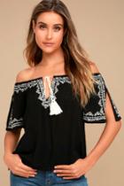Solemio Street Festival Black Embroidered Off-the-shoulder Top