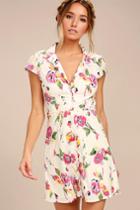 Obey | Desi Cream Floral Print Shirt Dress | Size Xx-small | White | 100% Cotton | Lulus