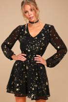 Lulus | Midnight Skyline Black Star Print Long Sleeve Skater Dress | Size Large | 100% Polyester