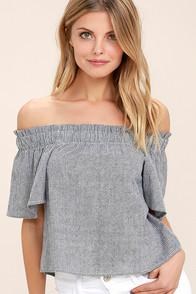 Lulus Seas The Day Blue And White Striped Off-the-shoulder Top