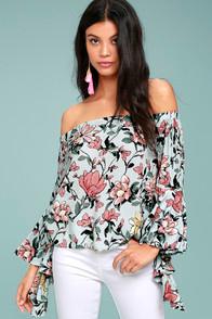 Lulus Morning Dew Light Blue Floral Print Off-the-shoulder Crop Top