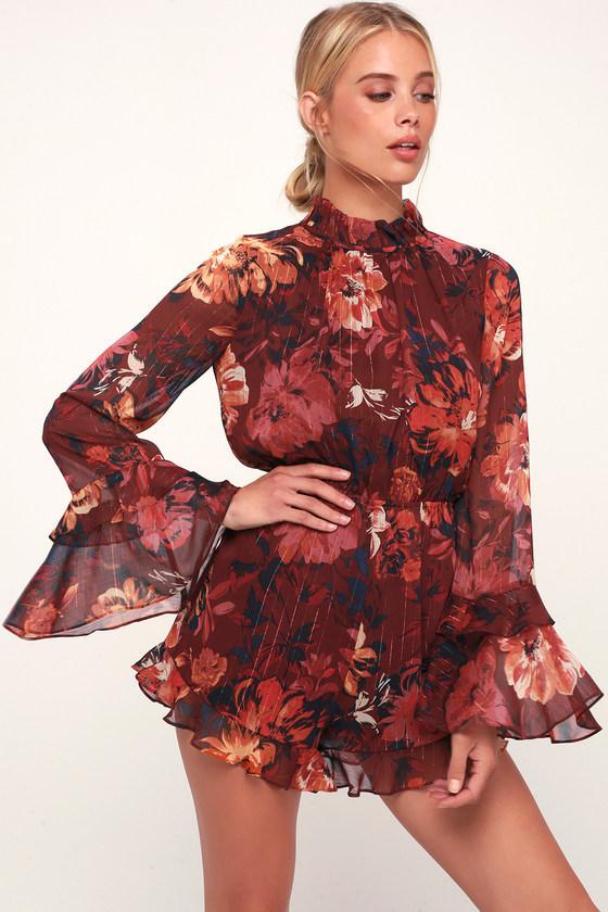 Ali & Jay Getting All Your Love Wine Red Floral Print Long Sleeve Romper | Lulus