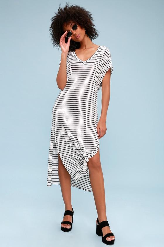 Amuse Society Basic Beach Black And White Striped Knotted Midi Dress | Lulus