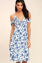 Lulus Arise Blue And White Floral Print Off-the-shoulder Dress