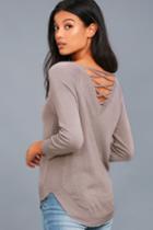 Olive + Oak | Allan Taupe Lace-up Sweater Top | Size Large | Beige | Lulus