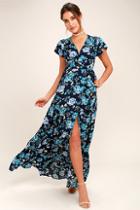 Lulus Hydrangea Hideout Navy Blue Floral Print Wrap Maxi Dress