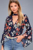 A Calin | Paquin Navy Blue Floral Print Flounce Sleeve Top | Lulus