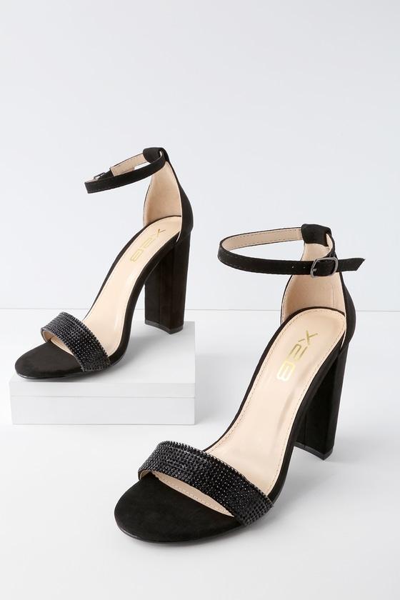 X2b Amina Black Suede Rhinestone Ankle Strap Heels | Lulus