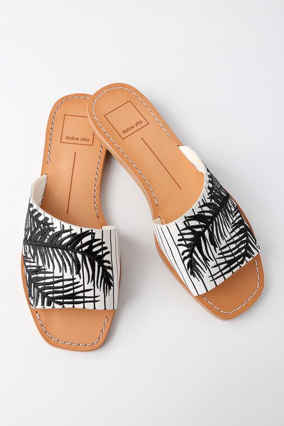 Dolce Vita Cato Black And White Embroidered Leather Slide Sandal Heels | Lulus