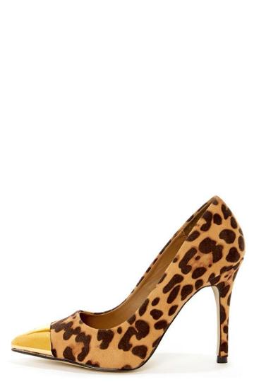 Mixx Shuz Teresa Leopard Print And Gold Cap-toe Pointed Pumps