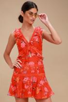 Finders Keepers Flicker Coral Red Floral Print Sleeveless Mini Dress | Lulus