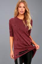 Ppla | Jagger Washed Burgundy Distressed Long Sleeve Sweater Top | Size X-small | Purple | 100% Cotton | Lulus