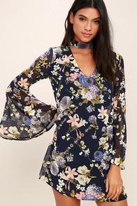 Lulus Feeling Of Love Navy Blue Floral Print Shift Dress