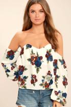 Lulus | In Your Arms White Floral Print Off-the-shoulder Top | Size Large | 100% Polyester