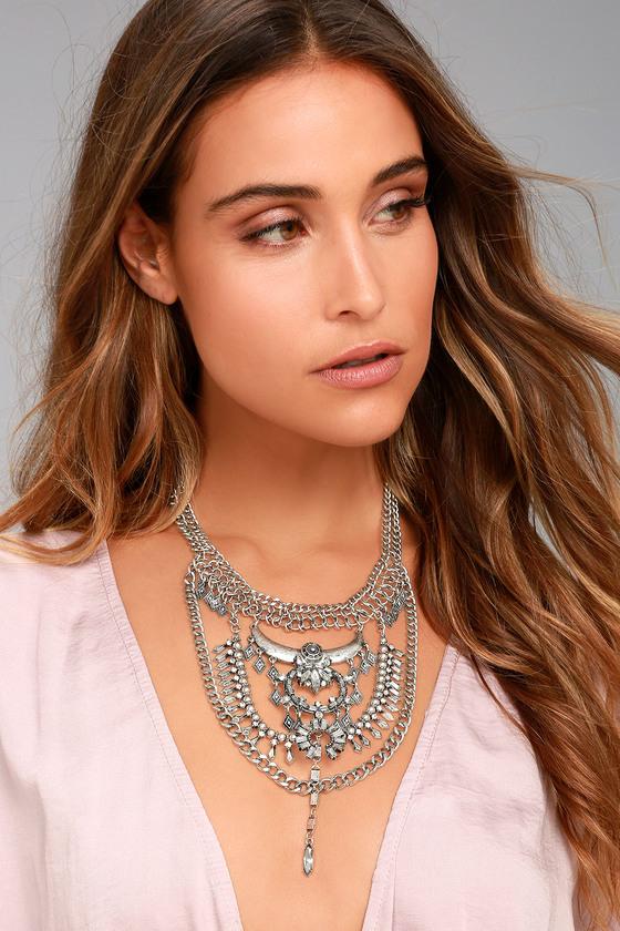Lulus | Boho Bounty Silver Rhinestone Layered Statement Necklace