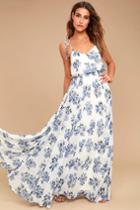 Lulus | Pollen For You Blue And White Floral Print Maxi Dress | Size X-large | 100% Polyester