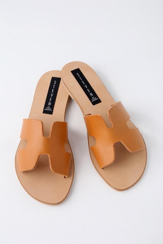 Steven Greece Cognac Leather Slide Sandal Heels | Lulus