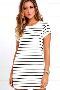 Lulus Cafe Society Black And Cream Striped Shirt Dress