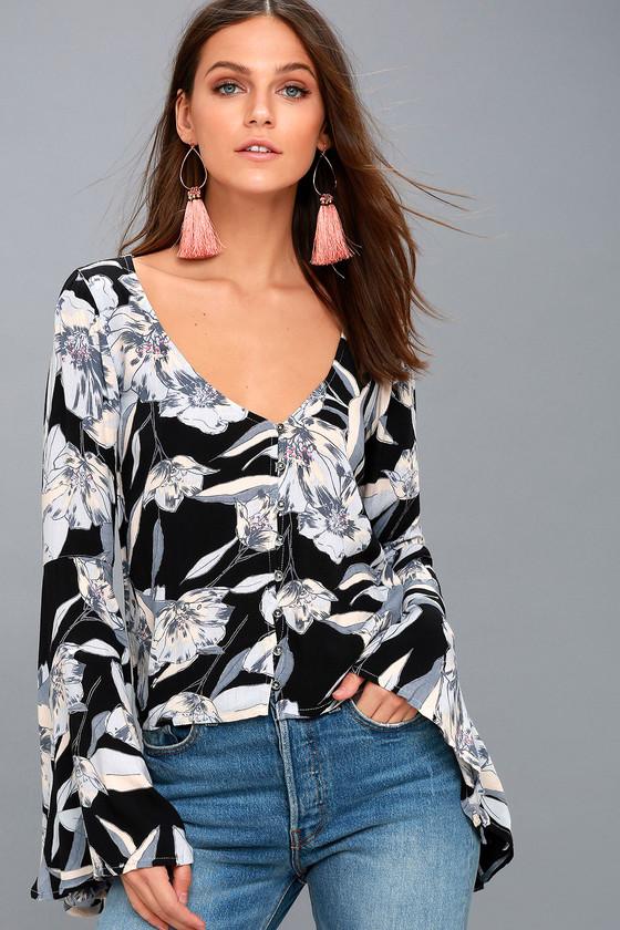 Billabong Pretty Daylight Navy Blue Floral Print Button-up Bell Sleeve Top | Lulus