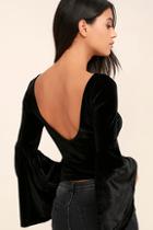 Lulus Look To The Moon Black Velvet Long Sleeve Crop Top