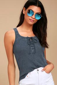 White Crow Play With Fire Washed Navy Blue Lace-up Tank Top