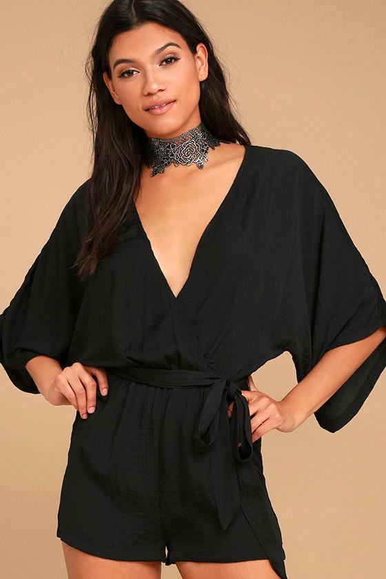 Lulus | Ain't It Grand Black Romper | Size Large | 100% Polyester