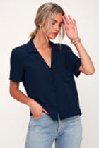 Good Luck Charm Navy Blue Short Sleeve Button-up Top | Lulus