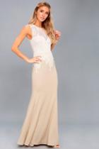 Lulus | Lover's Lace White And Nude Lace Maxi Dress | Size Large | Beige | 100% Polyester