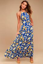 Lulus Meadow Meandering Yellow And Blue Floral Print Halter Maxi Dress