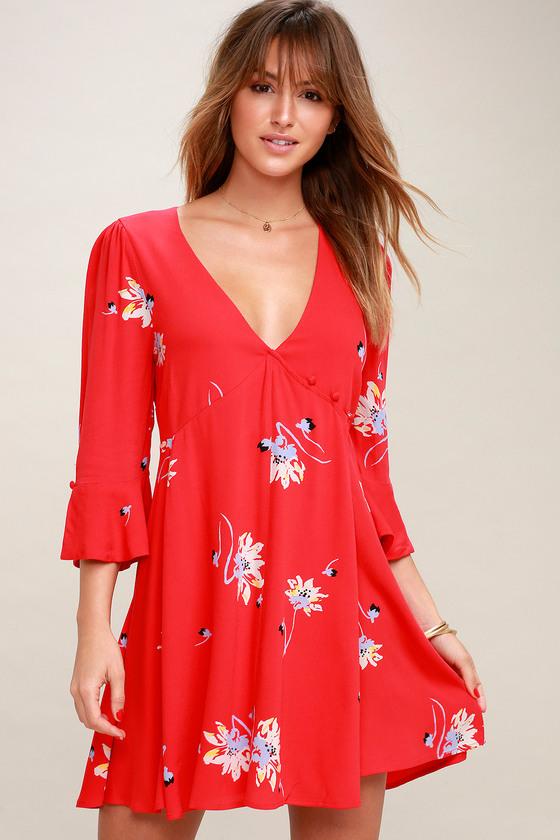 Free People Time On My Side Red Floral Print Wrap Dress | Lulus
