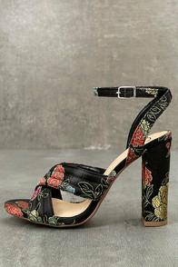 Delicious Genevieve Black Brocade Ankle Strap Heels