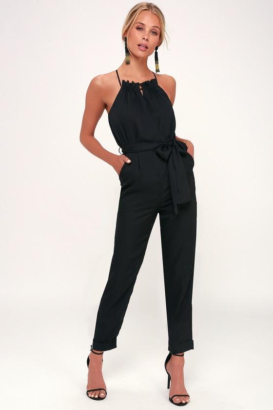 J.o.a. Soiree Black Striped Cross Back Halter Jumpsuit | Lulus
