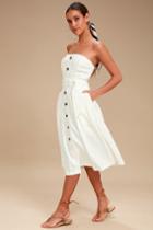 Moon River Zoie White Straplesss Belted Midi Dress | Lulus