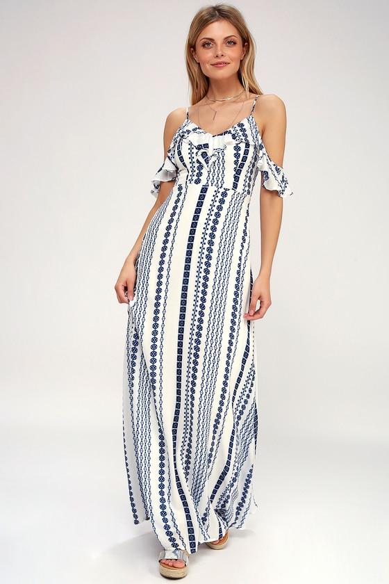 Brescia Blue And White Print Off-the-shoulder Maxi Dress | Lulus