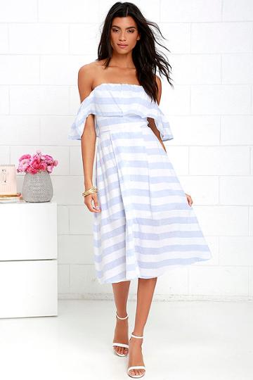 Jealous Tomato | Transatlantic Voyage Blue And Ivory Striped Midi Dress | Size X-small | 100% Cotton | Lulus