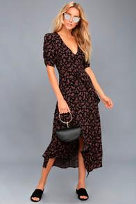 Honey Punch Prairie Serenade Black Floral Print Midi Dress