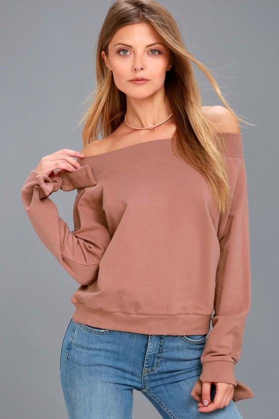 Lulus | Dancing For My Life Mauve Off-the-shoulder Sweatshirt | Size Large | Red