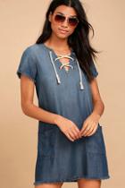 Black Swan Payton Blue Chambray Lace-up Shift Dress